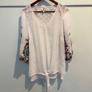 Fig and Flower Top White Embroidered Lace Tie Front Boho Peasant Blouse Women 1X